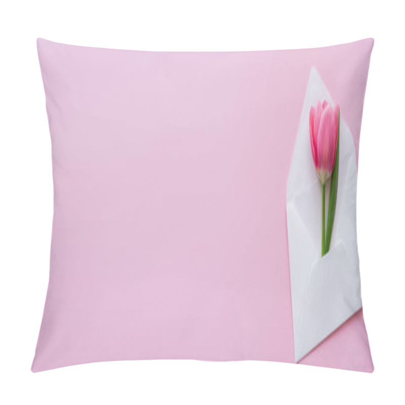 Personality  Top View Of Blooming Tulip In White Envelope On Pink, Banner Pillow Covers