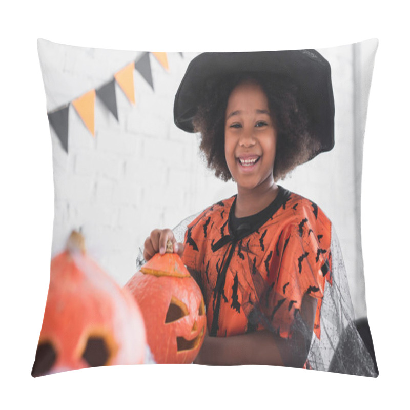 Personality  Happy African American Girl In Witch Halloween Costume Near Caved Pumpkins   Pillow Covers