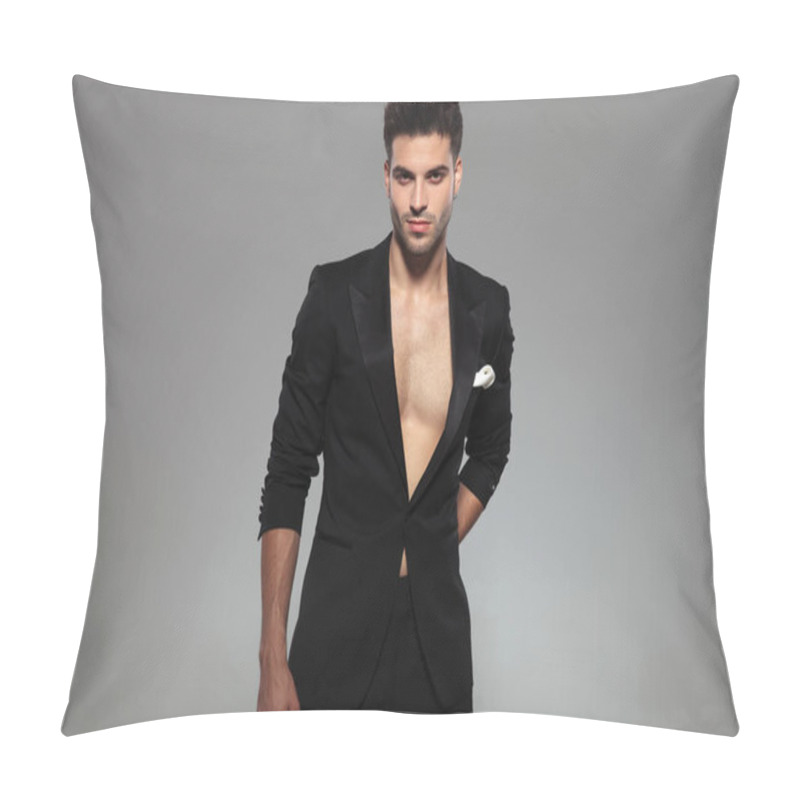 Personality  Fashion Man Standing And Hiding A Present Behind Him Happy Pillow Covers