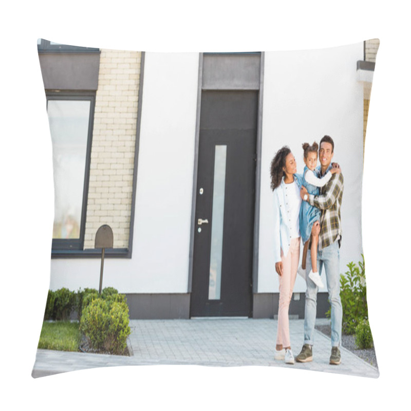 Personality  Full Length View Of African American Family Standing Near New House While Father Holding Kid And Looking At Camera  Pillow Covers