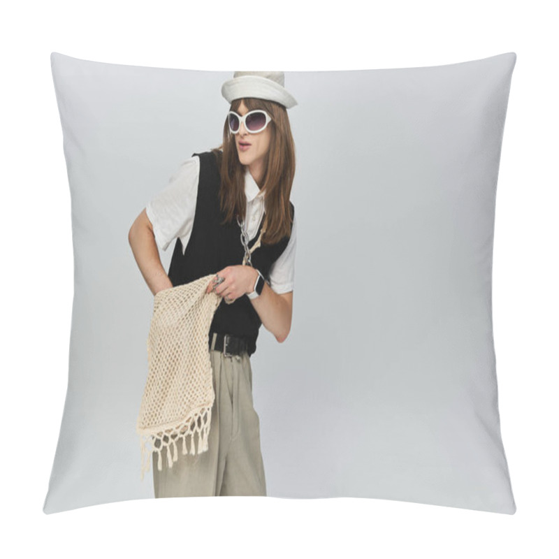 Personality  A Fashionable Young Man Displays His Chic Outfit While Holding A Stylish Accessory. Pillow Covers