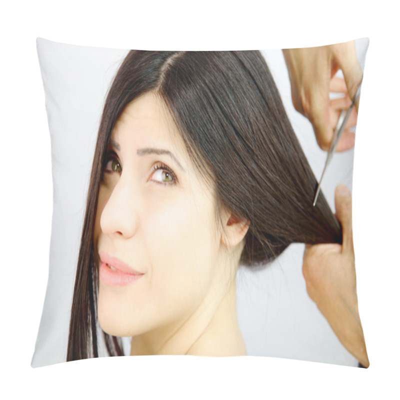 Personality  Woman Scared About Getting Long Hair Cutter For New Hairstyle Closeup Pillow Covers