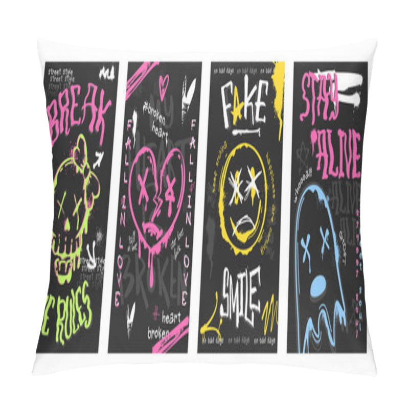 Personality  Set Of Graffiti Poster With Spray Paint Skull, Heart Sign, Ghost And Smiling Face Emoji. Street Art Covers Of Splashes, Ink Drip Splatter, Faces In Hand Drawing Style On Black Background. Urban Design Pillow Covers