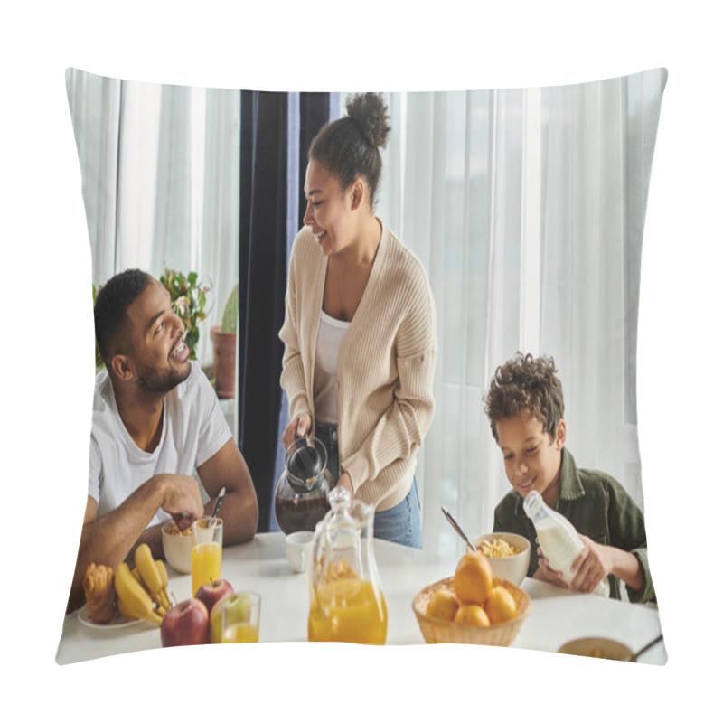 Personality  Happy African American Family Enjoying Time Together At The Table With A Pitcher Of Orange Juice. Pillow Covers