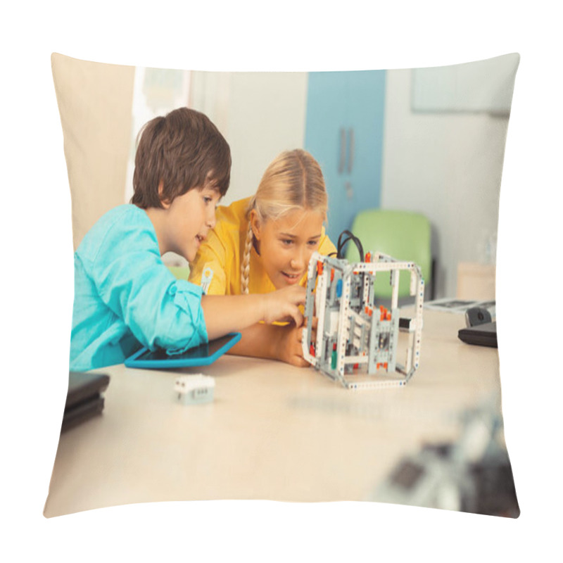 Personality  Schoolchildren Looking Closely At The Model They Building. Pillow Covers