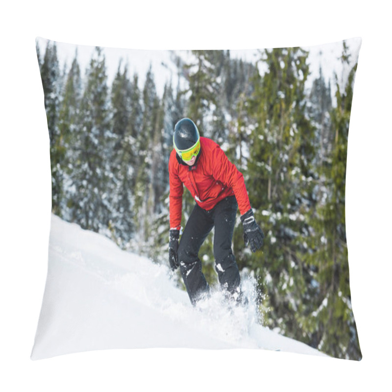 Personality  Snowboarder In Helmet Riding On Slope Near Green Firs  Pillow Covers