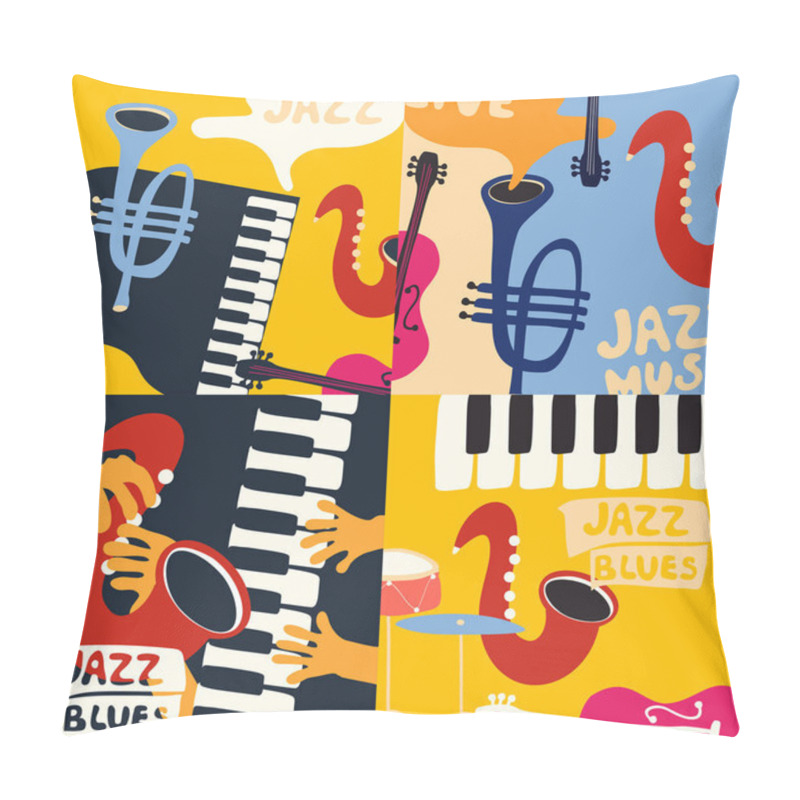 Personality  Set Of Four Templates For Posters Of Jazz And Blues Music Festival. Flat Vector Illustration With Different Musical Instruments. Pillow Covers