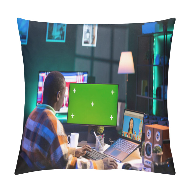 Personality  African American Photo Designer Retouching Images Next To Green Screen On Dual Screens In A Tech Driven Environment, Representing Modern Digital Media. Male Graphic Artist Uses Software Tools. Pillow Covers