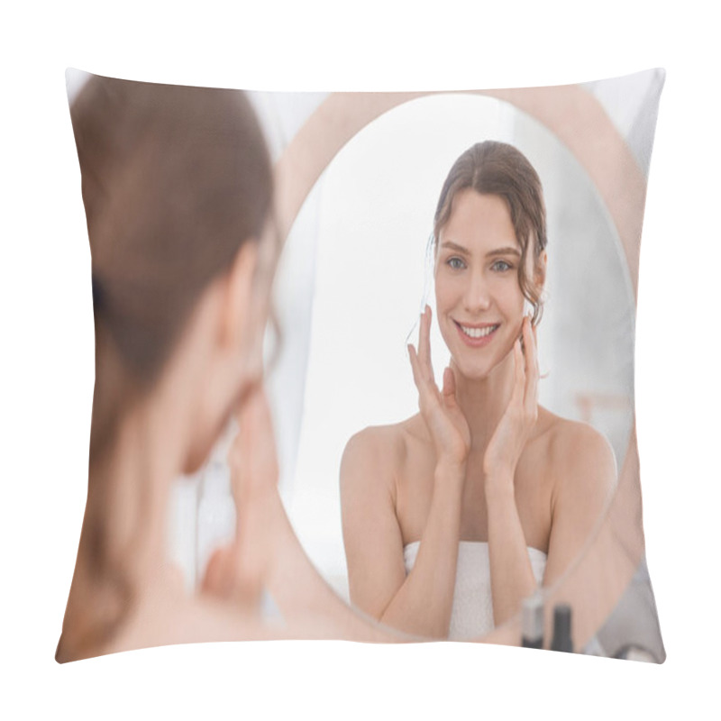 Personality  Happy Girl Enjoying Her Young Smooth Skin, Looking At Mirror Pillow Covers