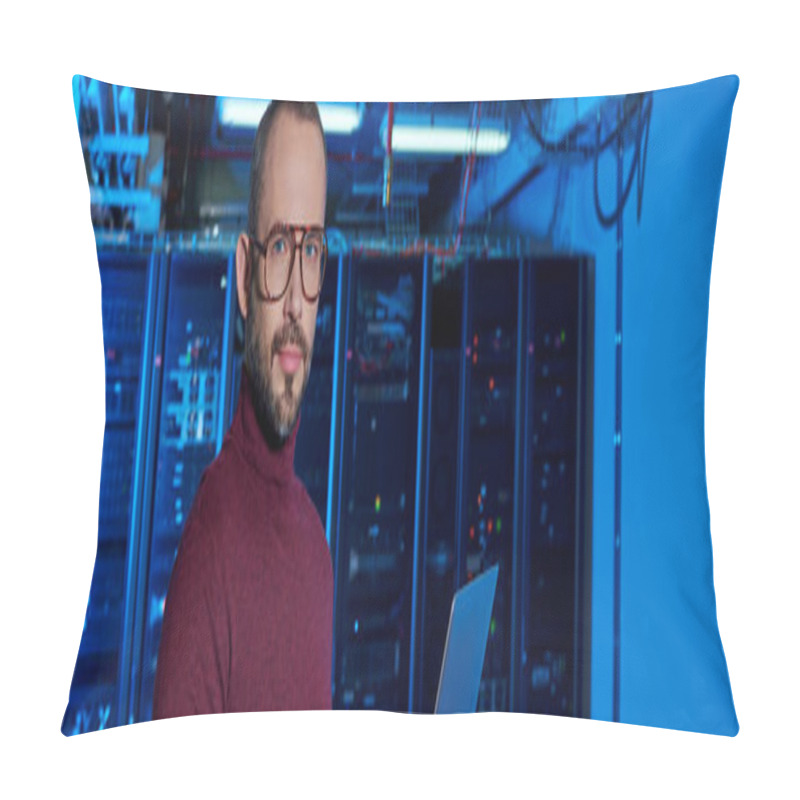 Personality  Focused Jolly Specialist In Turtleneck Holding Laptop And Looking At Camera, Data Center, Banner Pillow Covers