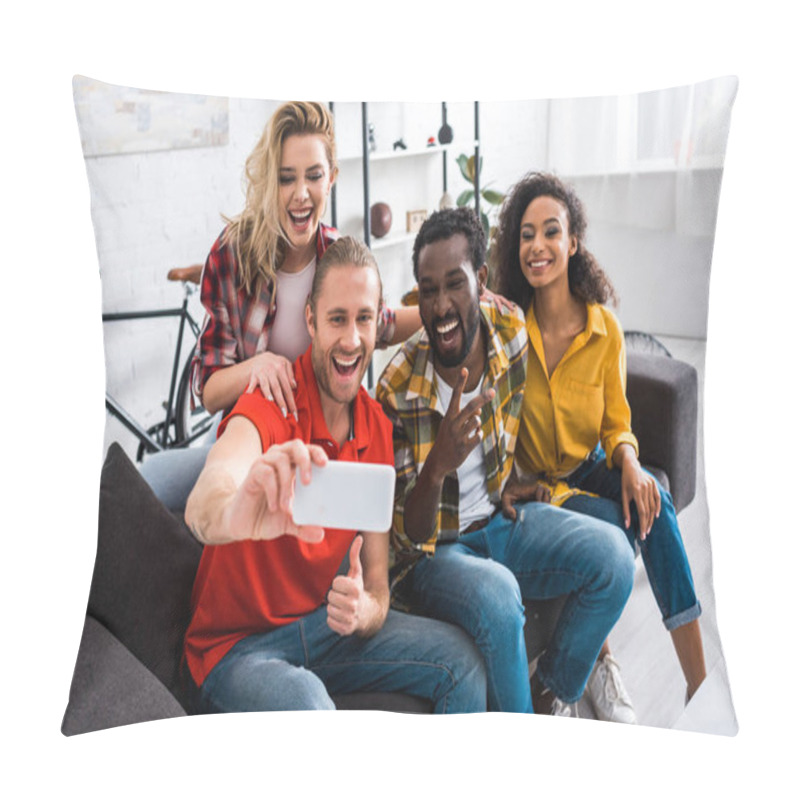 Personality  Selective Focus Of Smiling Multicultural Friends Sitting On Couch And Taking Selfie At Home Pillow Covers