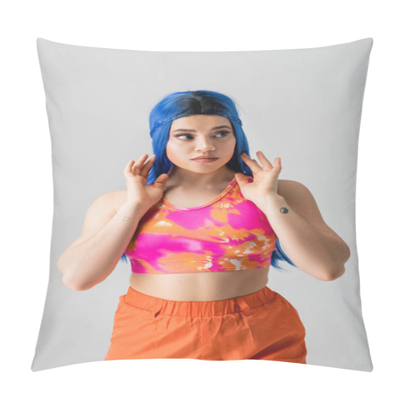 Personality  Modern Individual, Tattooed Young Woman With Blue Hair Posing With Hands Near Face On Grey Background, Modern Style, Urban Fashion, Vibrant Color, Female Model, Looking Away Pillow Covers