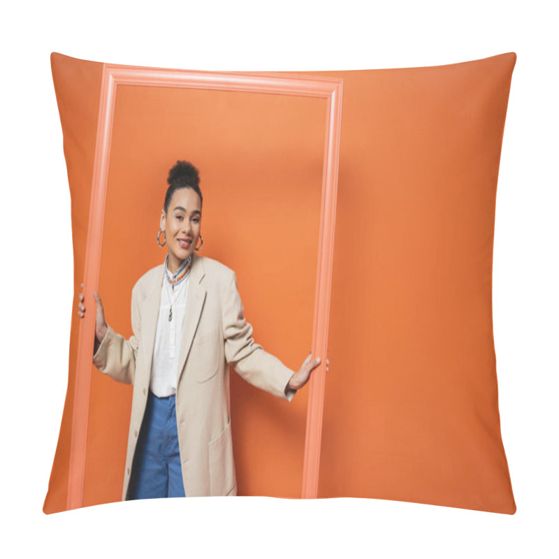 Personality  Happy African American Fashion Model In Trendy Outfit With Accessories Holding Orange Frame Pillow Covers