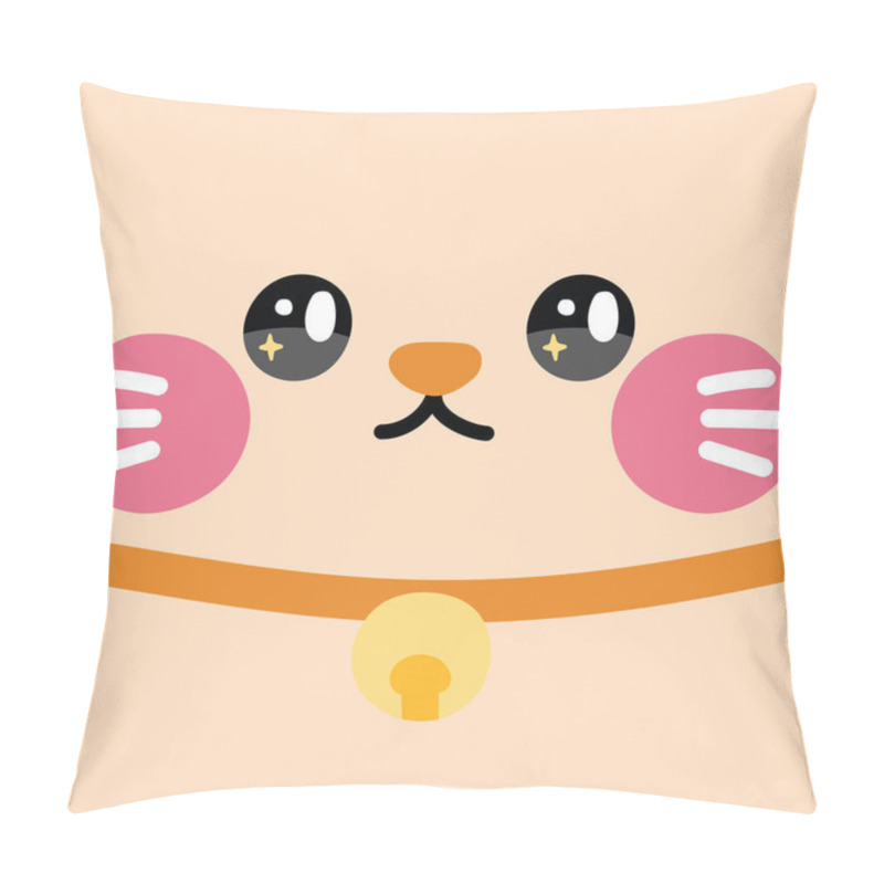 Personality  Cute Face Cat With Wink Eyes Wear Collar Bell.Animal Head Cartoon.Pastel.Kawaii.Vector.Illustration. Pillow Covers