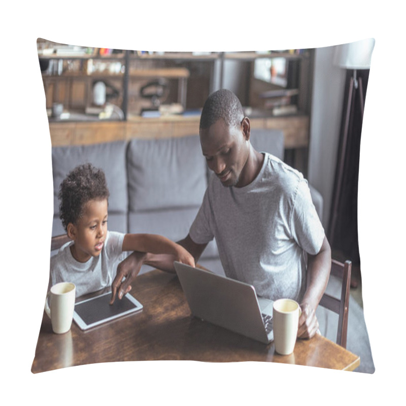 Personality  Father And Son Using Laptop And Tablet Pillow Covers