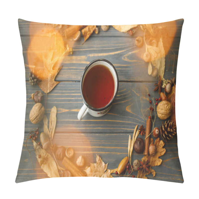 Personality  Vintage Metal Mug With Tea And Autumn Wreath Made Of Leaves, Berries, Acorns And Pine Cones On Dark Wooden Background With Warm Lights. Hello Fall! Rustic Autumn Image Pillow Covers