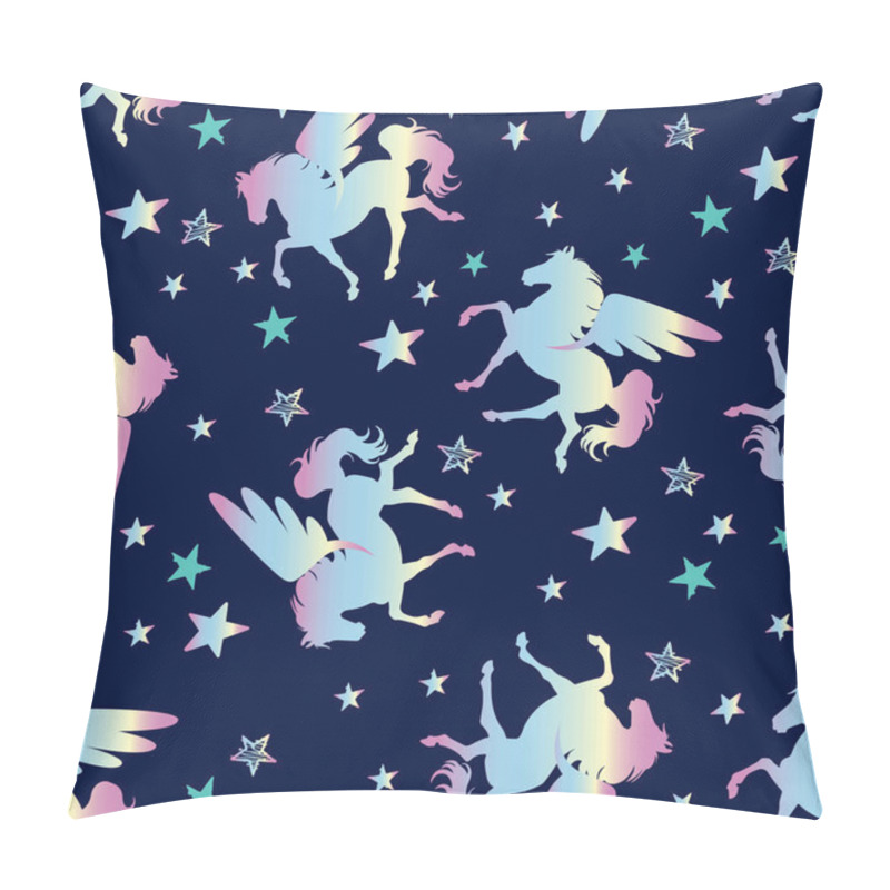 Personality  Pegasus Silhouettes Seamless Vector Pattern. Holographic Magic Unicorn With Stars. Pattern For Girls.Creative Background For Textile Pillow Covers