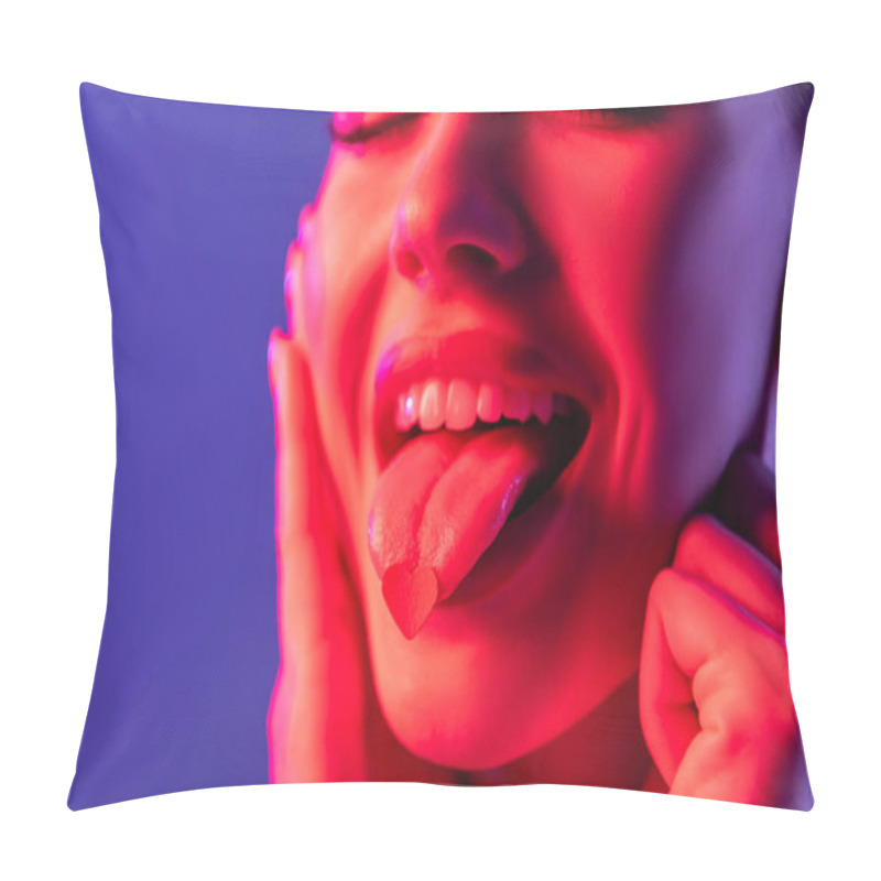 Personality  Cheerful Woman With Closed Eyes And Paper Heart On Tongue Isolated On Purple Pillow Covers