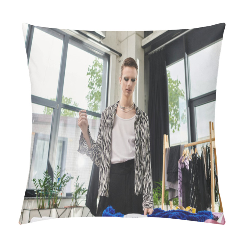 Personality  The Fashion Designer Explores Vibrant Fabrics And Sketches Ideas In An Inspiring Studio Filled With Creativity. Pillow Covers