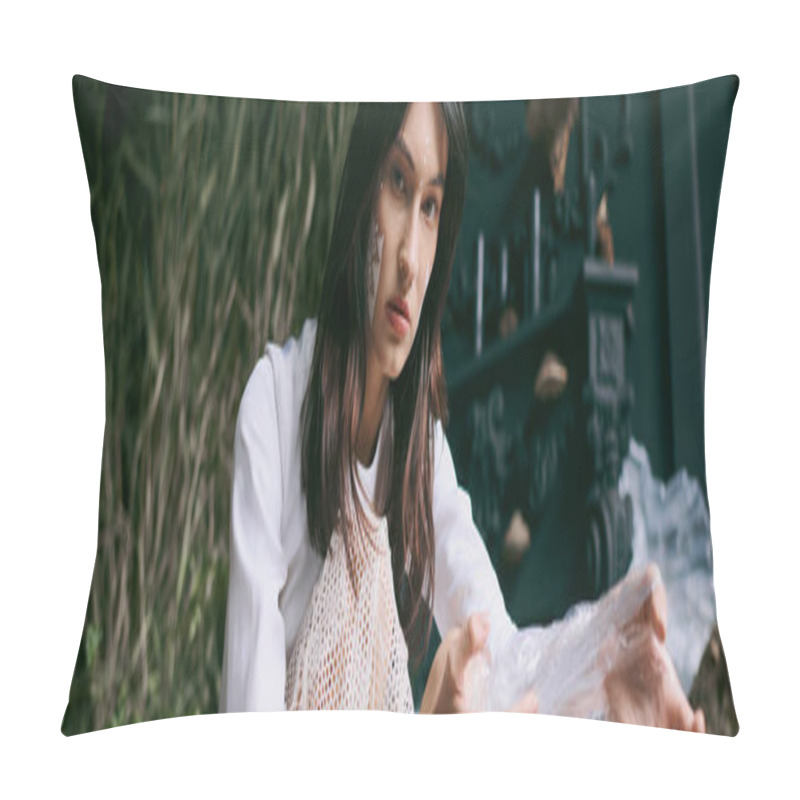 Personality  A Woman Poses In A Swamp Surrounded By Plastic Garbage. Pillow Covers