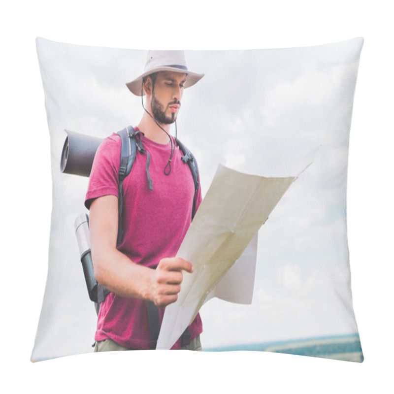 Personality  Handsome Hiker In Hat With Backpack Looking At Map Pillow Covers