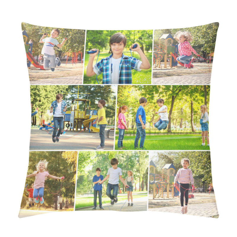 Personality  Collage Of Children With Jumping Ropes Outdoors Pillow Covers