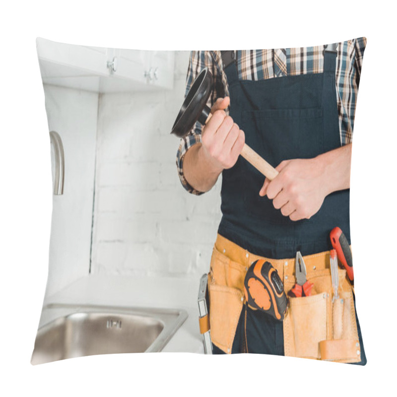 Personality  Cropped View Of Plumber Holding Plunger Near Sink In Kitchen  Pillow Covers