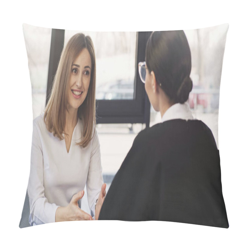 Personality  Smiling Woman Talking To Brunette Businesswoman During Job Interview Pillow Covers