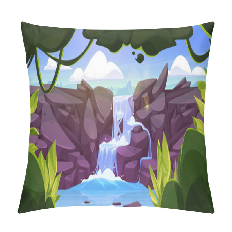 Personality  Summer Tropical Landscape With Cascade Waterfall In Jungle With Green Trees, Bushes And Liana Vines On Shore. Cartoon Vector Rainforest Scenery With River Water Fountain Flowing On Rock Cliff. Pillow Covers