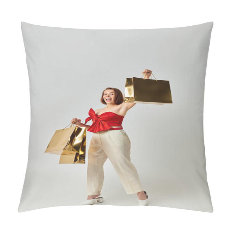 Personality  Christmas Shopping, Excited Young Woman In Trendy Attire Holding Shopping Bags On Grey Background Pillow Covers