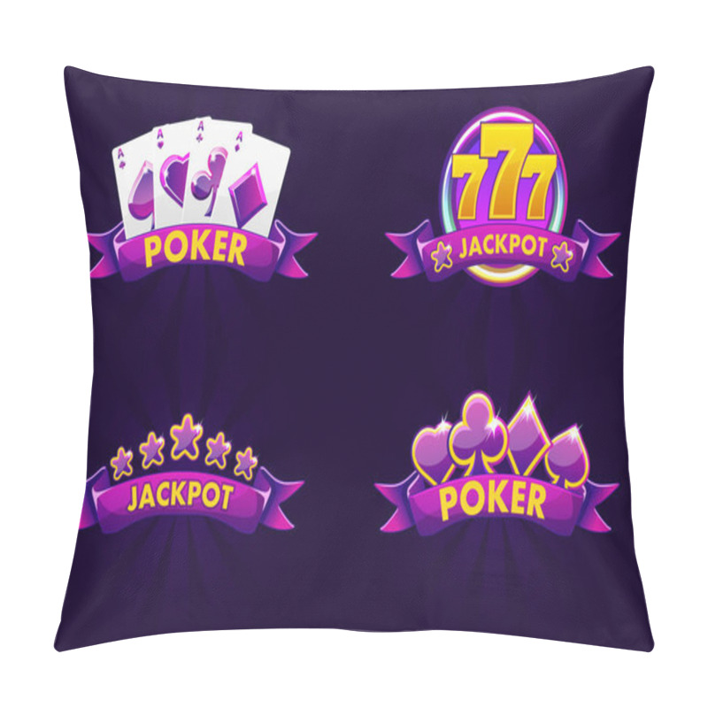 Personality  Purple Jackpot And POKER Emblem. Icons For Lottery Or Casino, Slot Icon With Ribbon And 777. Vector Isolated Four Emblem Pillow Covers