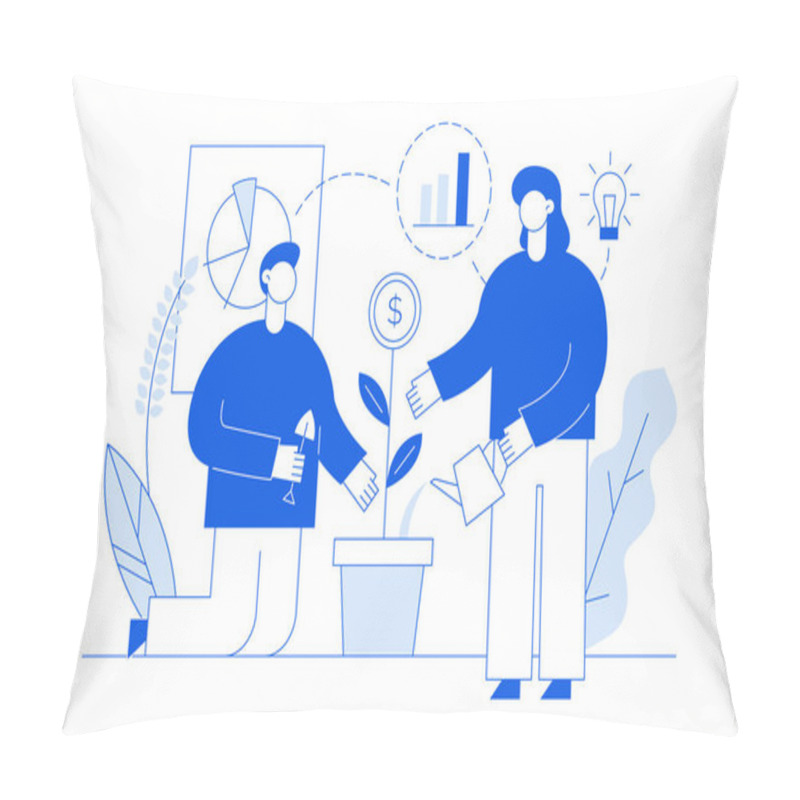 Personality  Vector Flat Line Style Business And Finance  Design Concept With Big Modern People Looking After Money Plant. Trendy Investment And Stock   Illustration With Graphs, Diagrams, Light Bulb  And Leaves. Pillow Covers