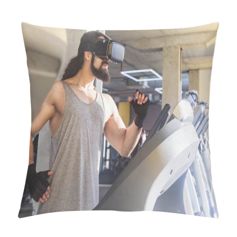 Personality  Side View Of Serious Young Adult Sportsman With Long Curly Hair Doing Exercises On Treadmill And Looking At Vr Glasses In Gym  Pillow Covers