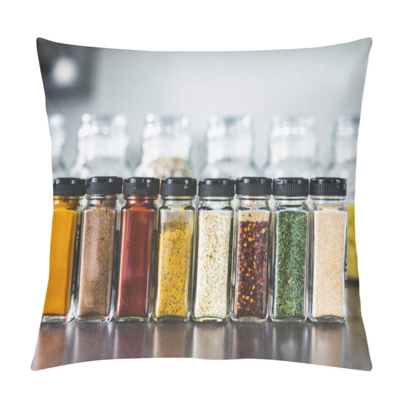 Personality  Spices And Grains In Matching Spice Jars On Kitchen Counter, Simple Vegan Ingredients And Concept Of Flavoring Your Dishes Pillow Covers