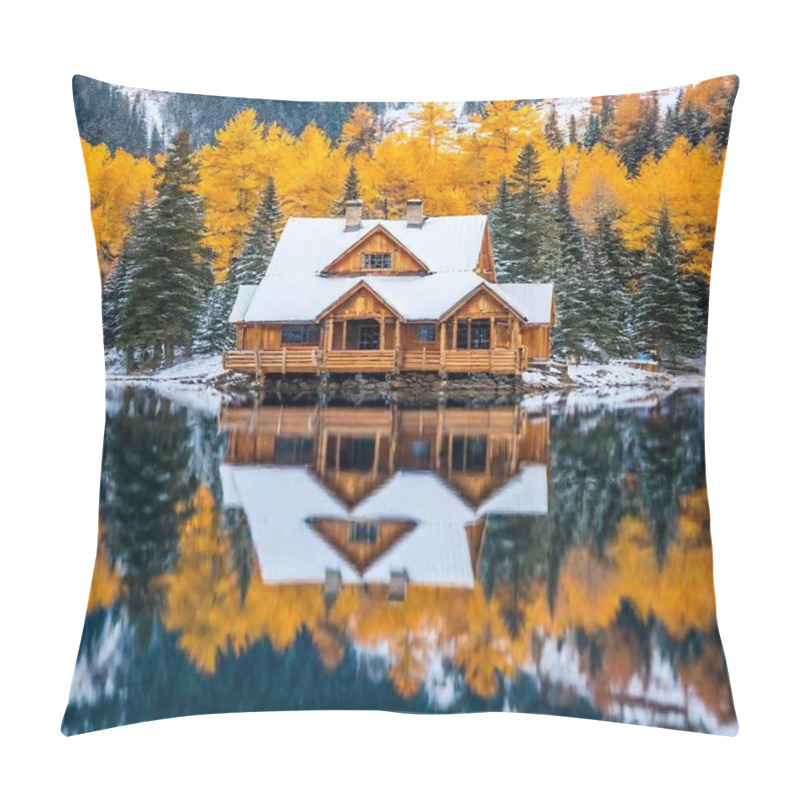 Personality  Outdoors Two-story Luxury Log Cabin Chalet Hotel Lodge With Grass In Full View Next To A Large Crystal Turquoise Blue Lake, Evergreens Pine Trees,  Very Cozy, Fall, Red Aspen Trees, Red Oak Trees, Red And Gold Maple Trees, Pumpkins, , Snow Capped Pillow Covers