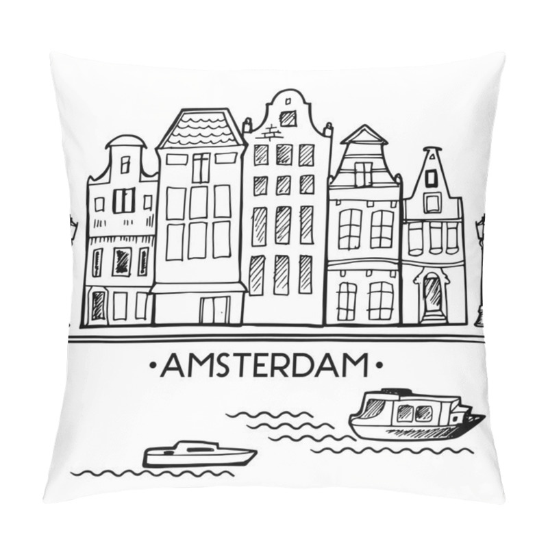 Personality  Background With Hand Drawn Doodle Amsterdam Houses. Isolated Black And White. Illustration Vector. Pillow Covers