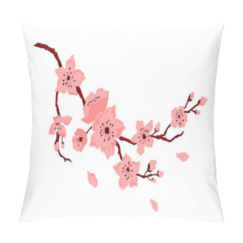 Personality  Sakura Blossom. Cherry Branch With Flowers And Bud. Petals Falling. Vector Color Flat Cartoon Illustration Isolated On White Background Pillow Covers