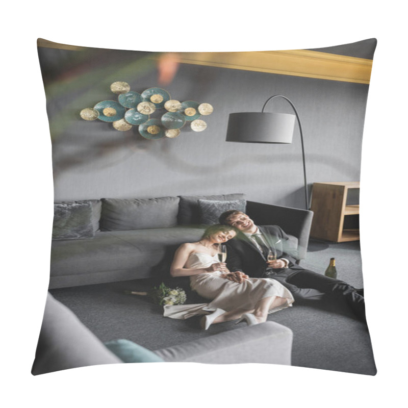 Personality  Happy Newlyweds With Closed Eyes Holding Glasses Of Champagne While Celebrating Their Marriage Near Bridal Bouquet And Bottle On Floor After Wedding In Hotel Room With Couch And Floor Lamp  Pillow Covers