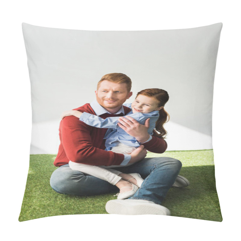 Personality  Happy Father And Daughter Hugging And Looking Away While Sitting On Grass Pillow Covers