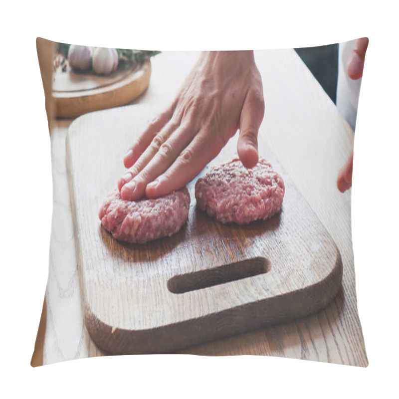 Personality  Cropped View Of Chef Forming Mince Patty On Chopping Board Near Ingredients Pillow Covers