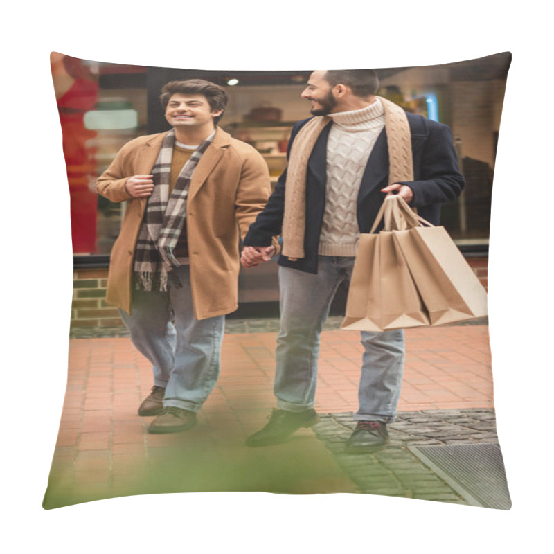 Personality  Bearded Gay Man With Shopping Bags Holdings Hands With Happy Boyfriend While Walking Near Blurred Shop On Street Pillow Covers