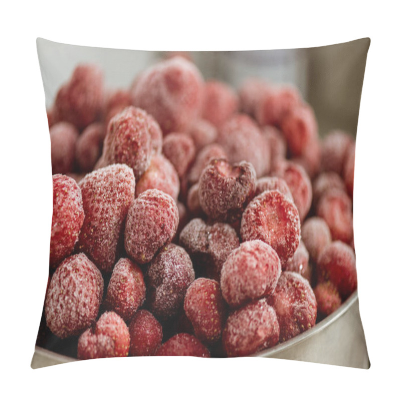 Personality  Close-up Shot Of Frozen Raspberries In Metal Bowl Pillow Covers