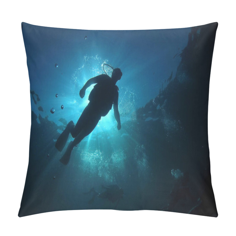 Personality  Underwater Photo Of Diver In The Depth Of Blue Sea Pillow Covers