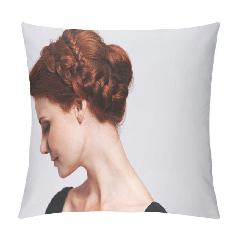 Personality  Soft And Romantic. Studio Shot Of A Beautiful Redhead Woman With A Braided Up-do Posing Against A Gray Background. Pillow Covers