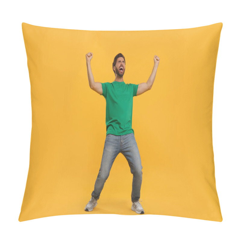 Personality  Emotional Sports Fan Celebrating On Orange Background Pillow Covers