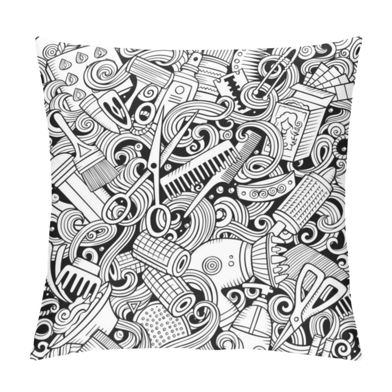 Personality  Hair Salon Hand Drawn Doodles Seamless Pattern. Hairstyle Background. Cartoon Hairdressing Coloring Page Design. Sketchy Raster Barbershop Illustration Pillow Covers