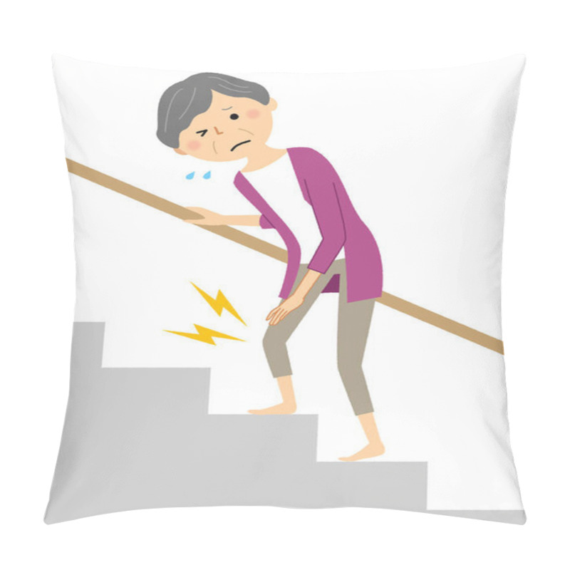 Personality  Senior Woman Climbing Stairs And Getting Knee Pain/It Is An Illustration Of A Senior Woman Who Goes Up The Stairs And Gets Knee Pain. Pillow Covers