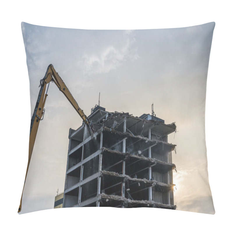 Personality  Building House Destruction Demolition Site Excavator With Hydraulic Crusher Machine Ruin House Pillow Covers