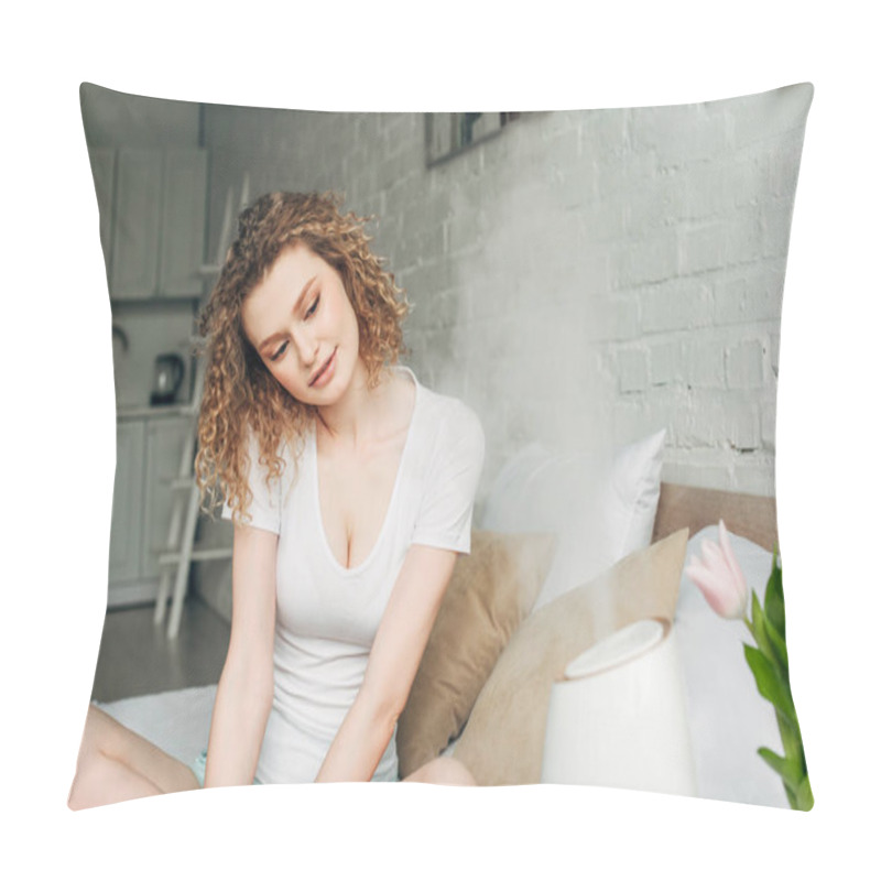 Personality  Attractive Woman On Bed With Air Purifier Spreading Steam Pillow Covers