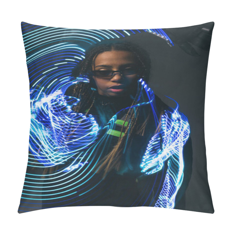 Personality  Long Exposure Of Trendy African American Woman In Smart Glasses Standing Near On Grey Background  Pillow Covers